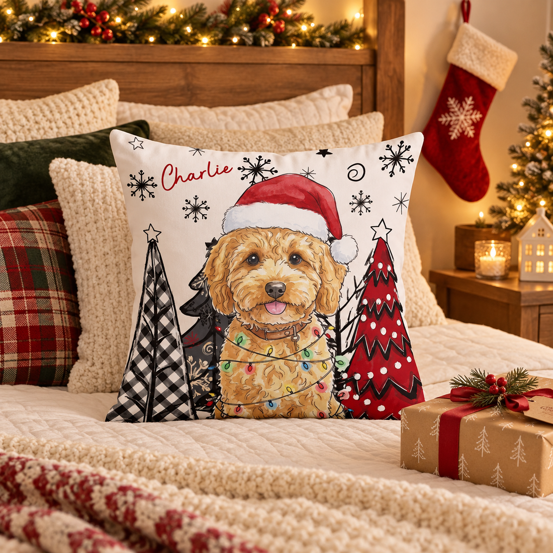 Custom pet Santa hat pillow with name Charlie on a bed with a Christmas stocking and gift