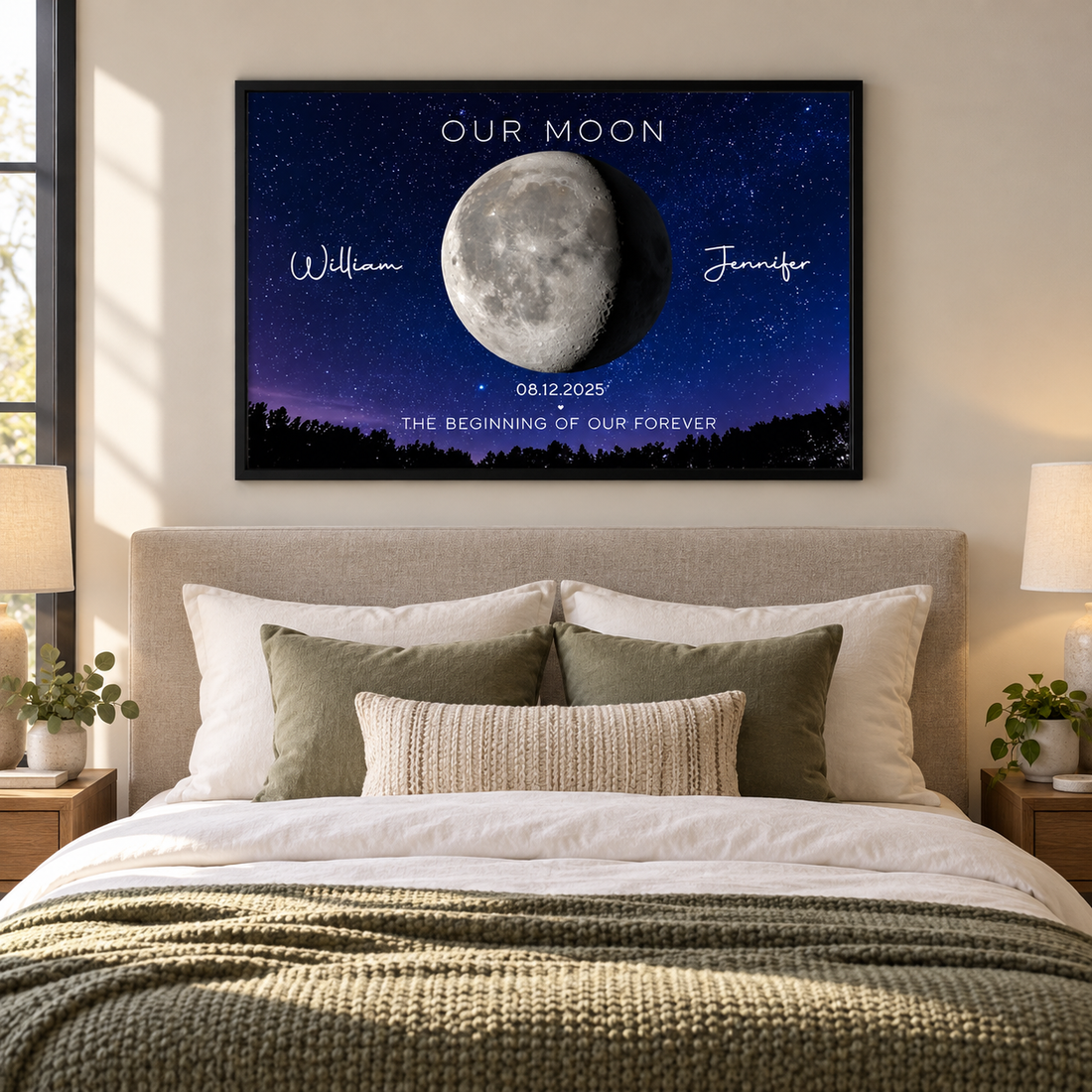 Personalized Our Moon phase poster with names William and Jennifer above a bed in a modern bedroom
