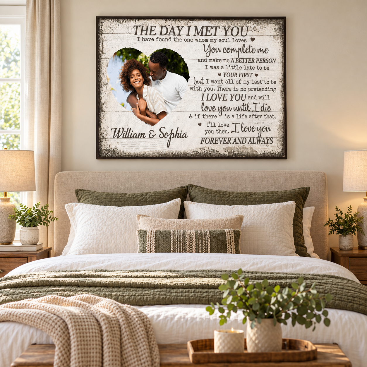 Personalized The Day I Met You heart couple photo poster with names William and Sophia above a bed