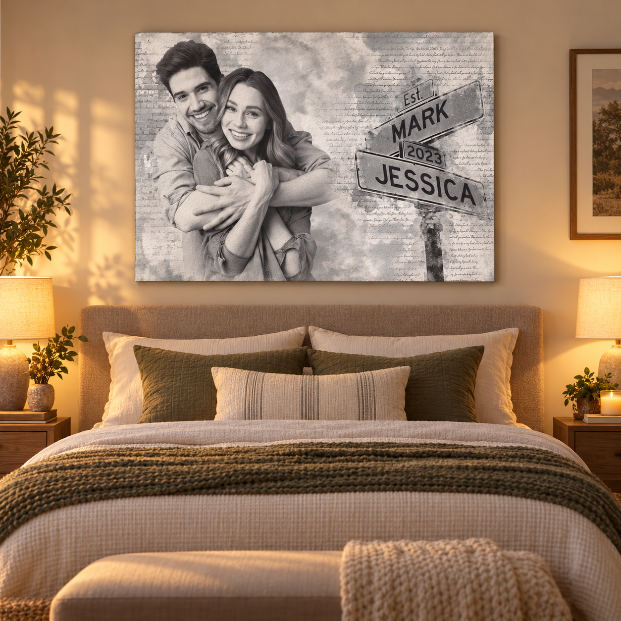 Personalized couple photo canvas with street sign names Mark and Jessica hanging above a bed