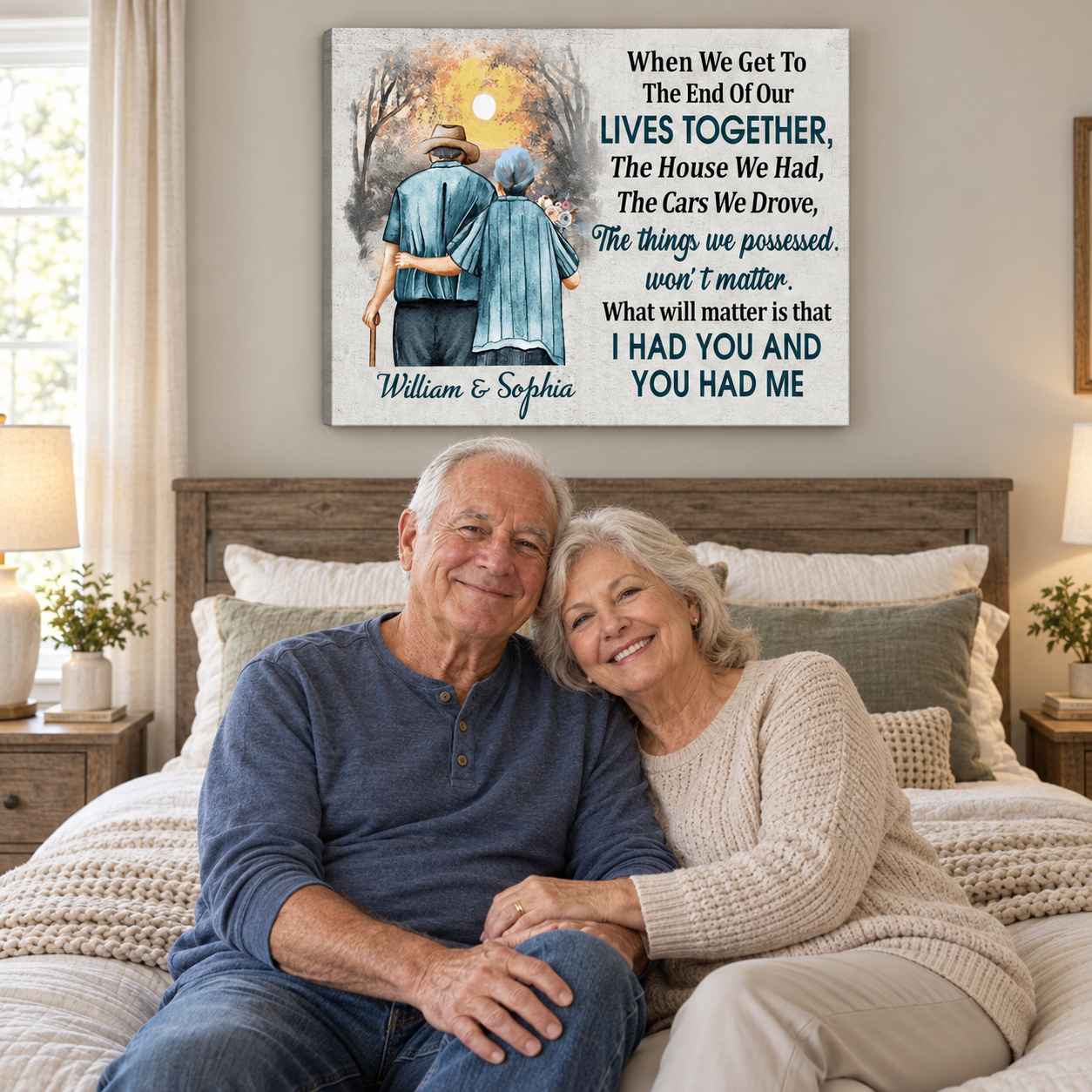 Personalized When We Get To The End Of Our Lives Together couple canvas above a bed with a smiling older couple