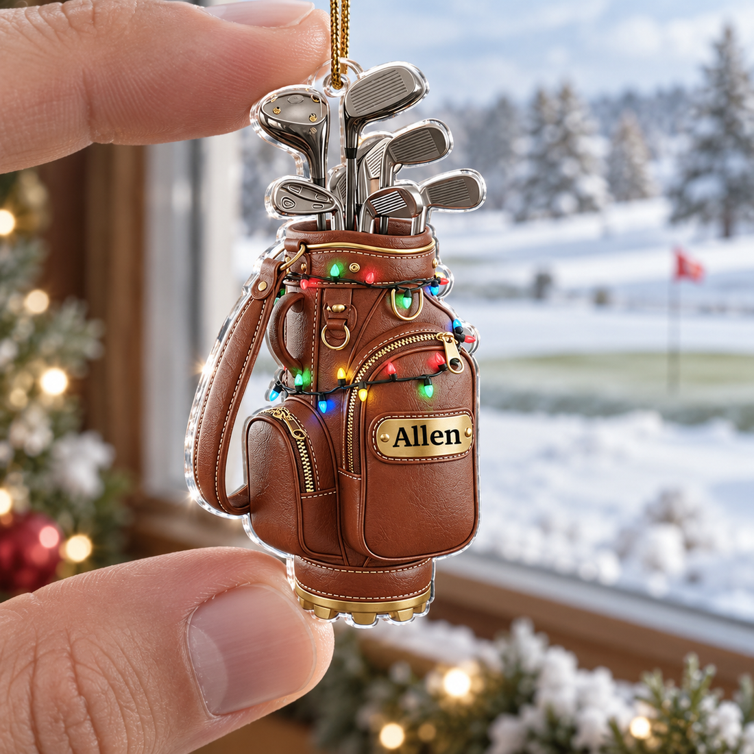 Fingers holding a custom golf bag acrylic ornament with a gold name plate and holiday lights