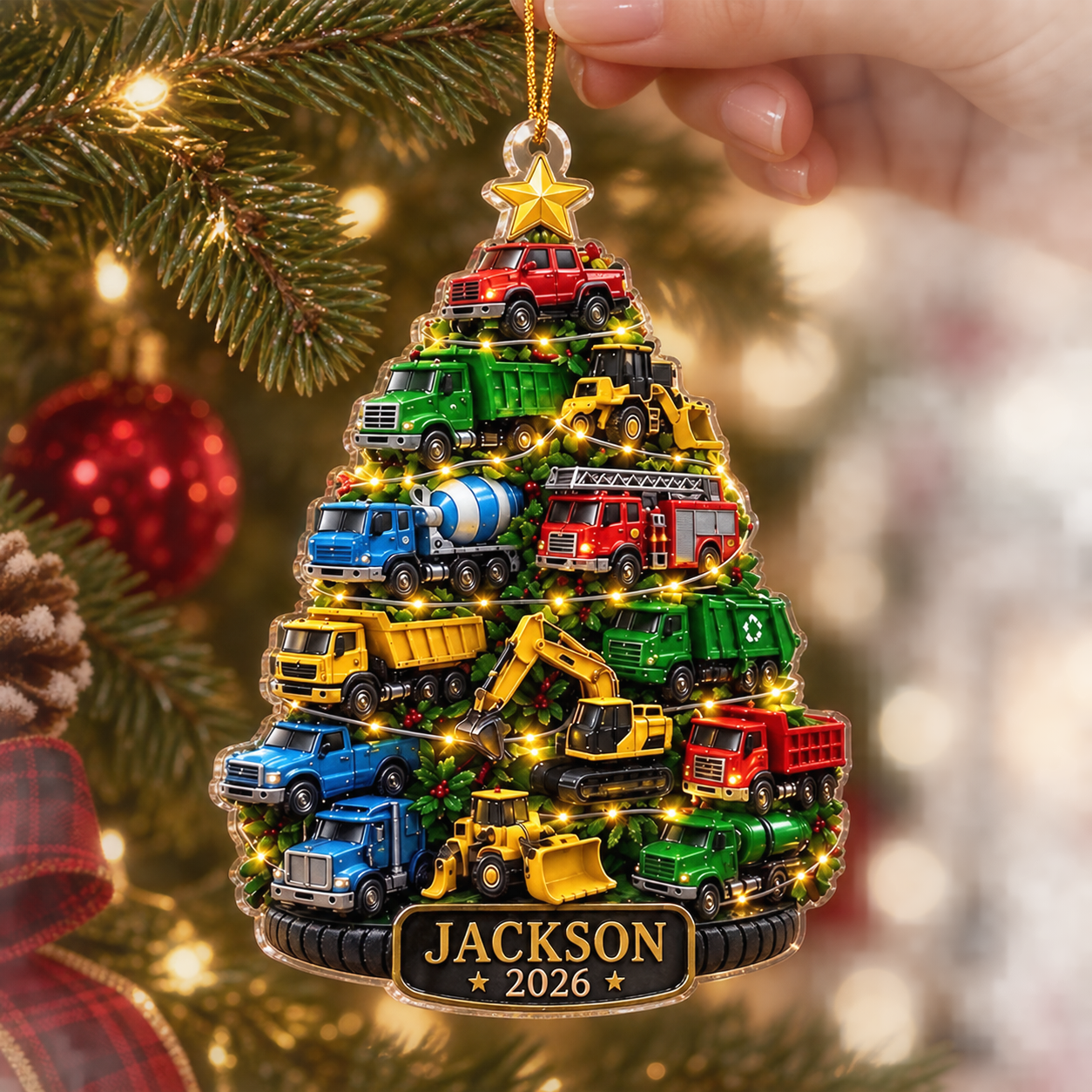Hand holding a personalized truck Christmas tree acrylic ornament up close on a pine branch