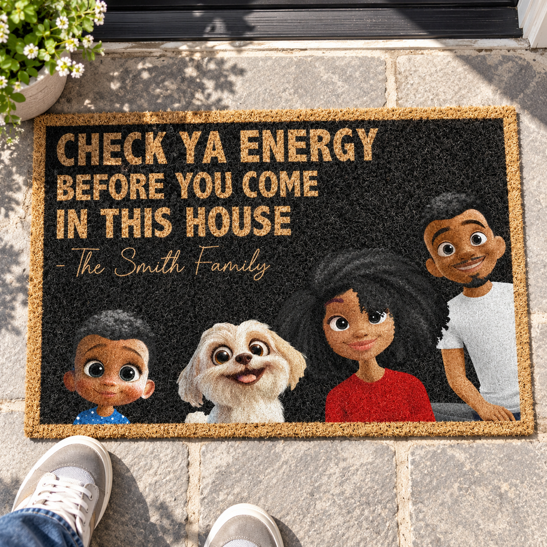 Personalized Check Ya Energy doormat on a stone porch step, seen from above with a visitor standing at the door