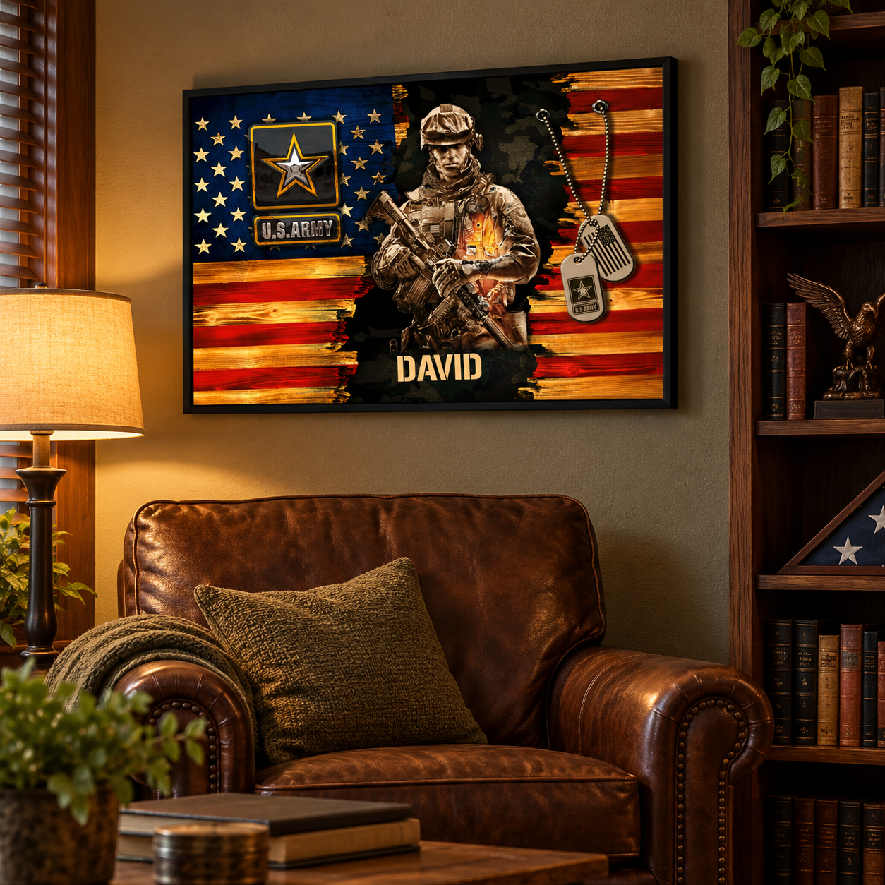 Personalized U.S. Army soldier American flag poster with name David hanging in a den above a leather armchair