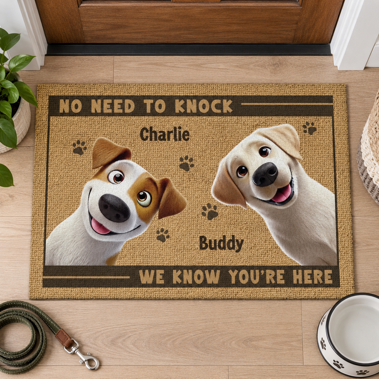 Top view of a custom Paws Before People pet doormat in an entryway beside a leash and pet bowl