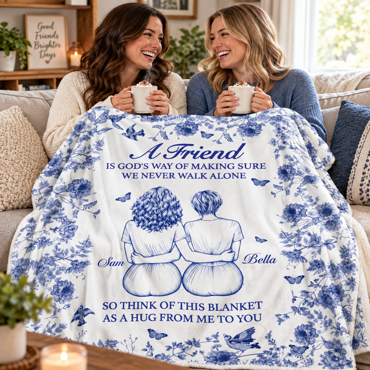 Two best friends laughing on a sofa sharing a personalized besties blanket with hot cocoa