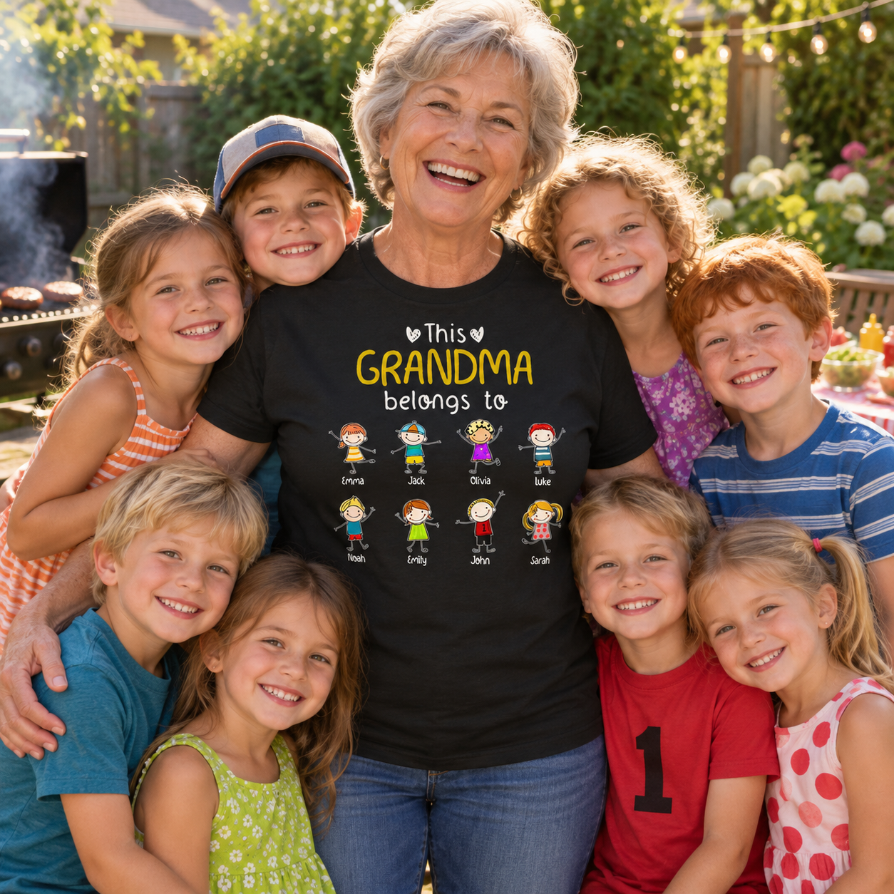 Smiling grandmother wearing a personalized Grandma Belongs To t-shirt with her grandkids at a backyard barbecue