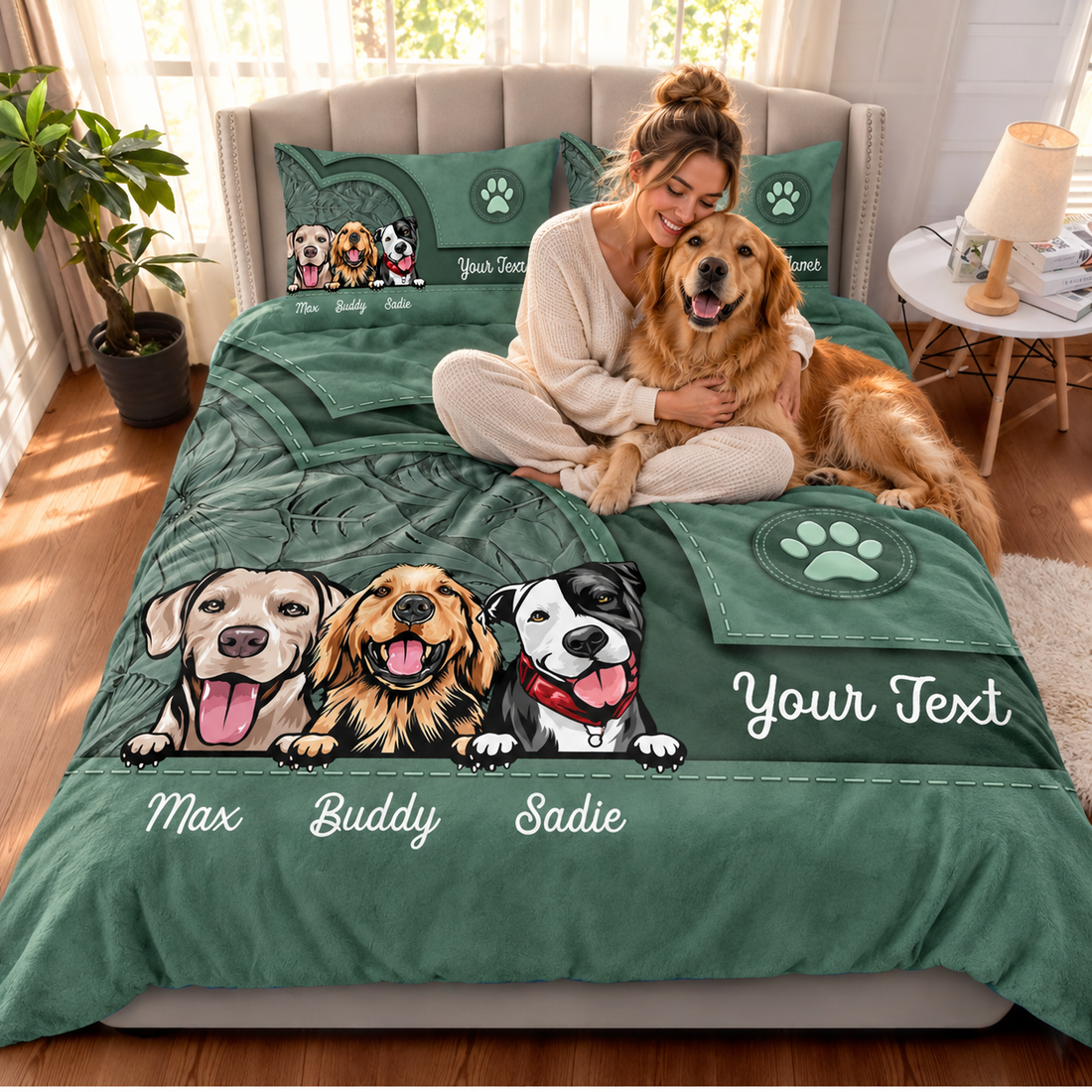 Dog mom sitting on a bed with her dog on a personalized dog bedding set in morning light