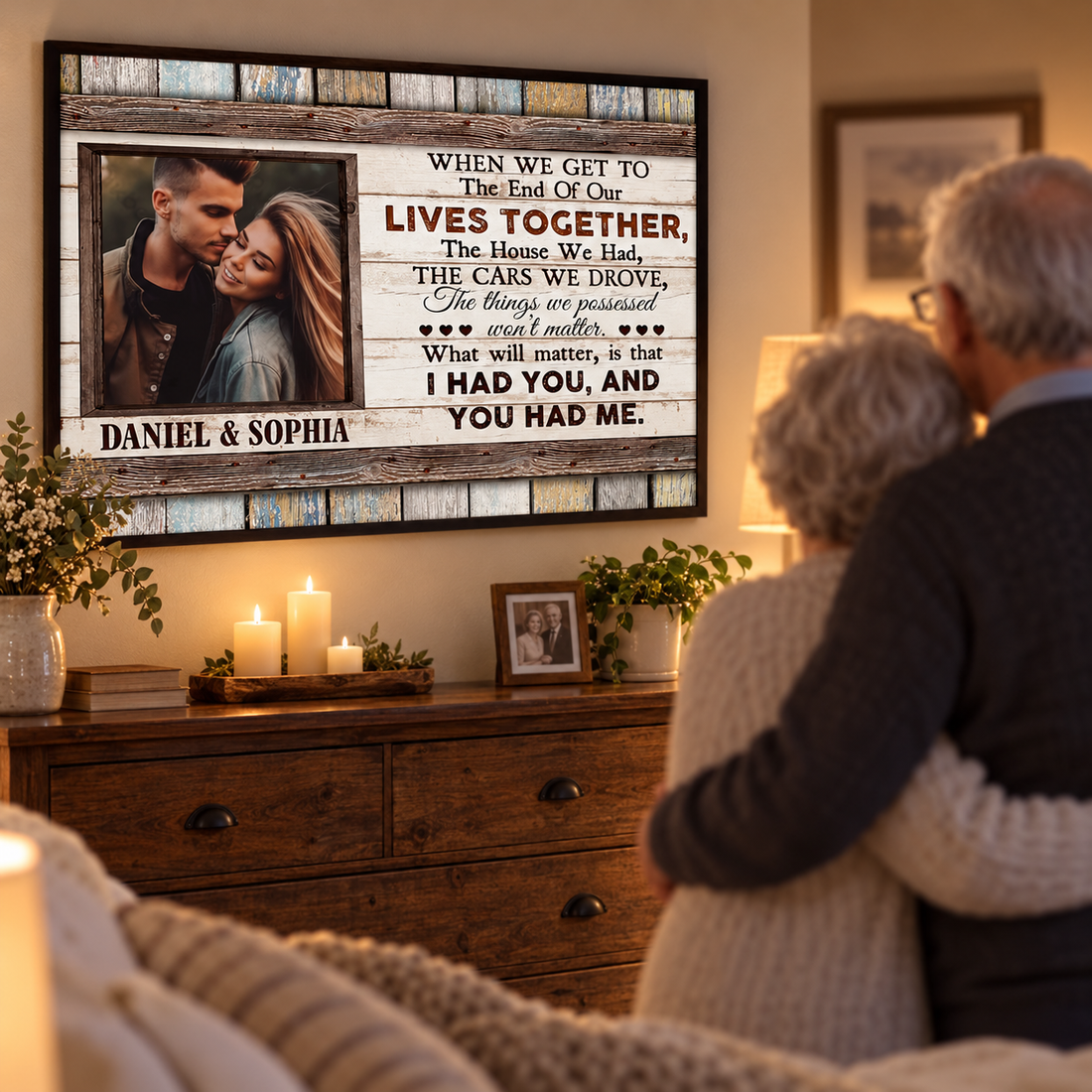 Personalized couple life poster framed above a dresser with candles in a cozy bedroom