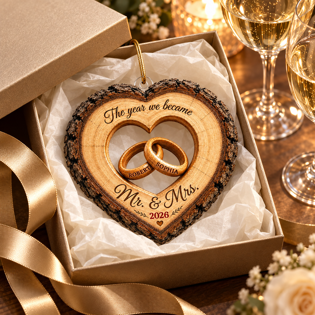 Custom couple acrylic ornament in a gift box with tissue and ribbon beside two wine glasses