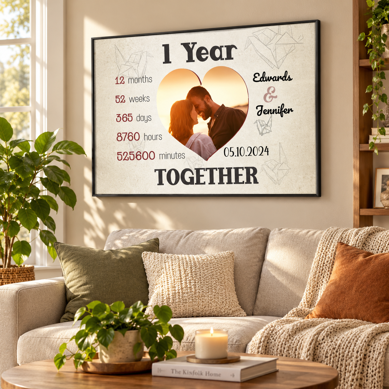 Custom 1 Year Together heart-shaped couple canvas hanging above a sofa in a bright living room