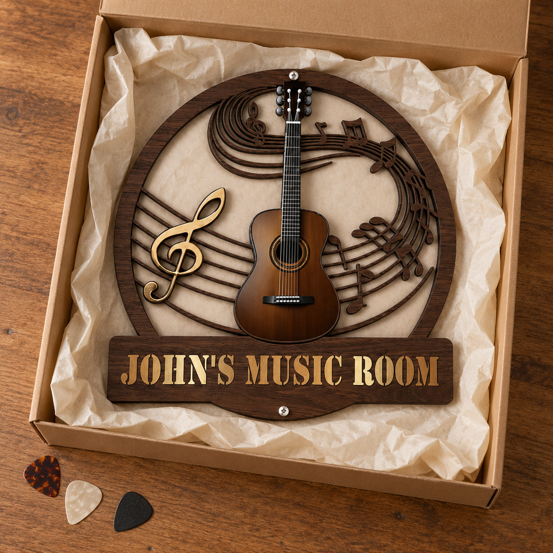 Custom name wood guitar Music Room sign in a kraft gift box with tissue paper and guitar picks