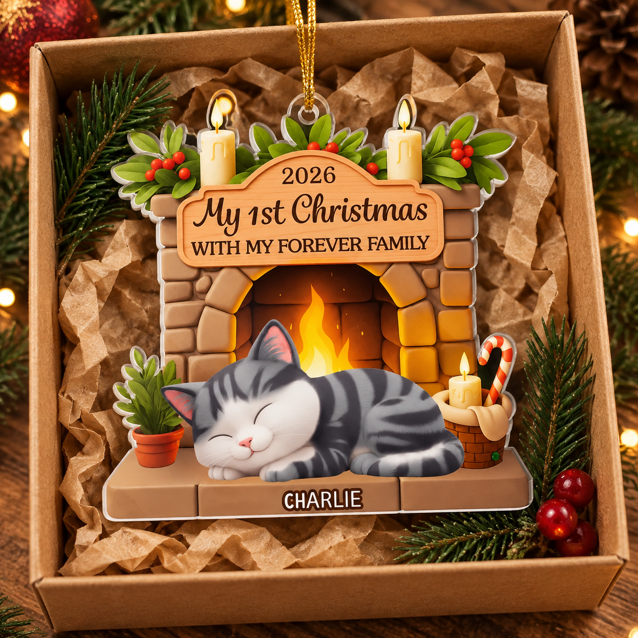Custom cat fireplace Christmas acrylic ornament with name Charlie in a kraft gift box with crinkle paper