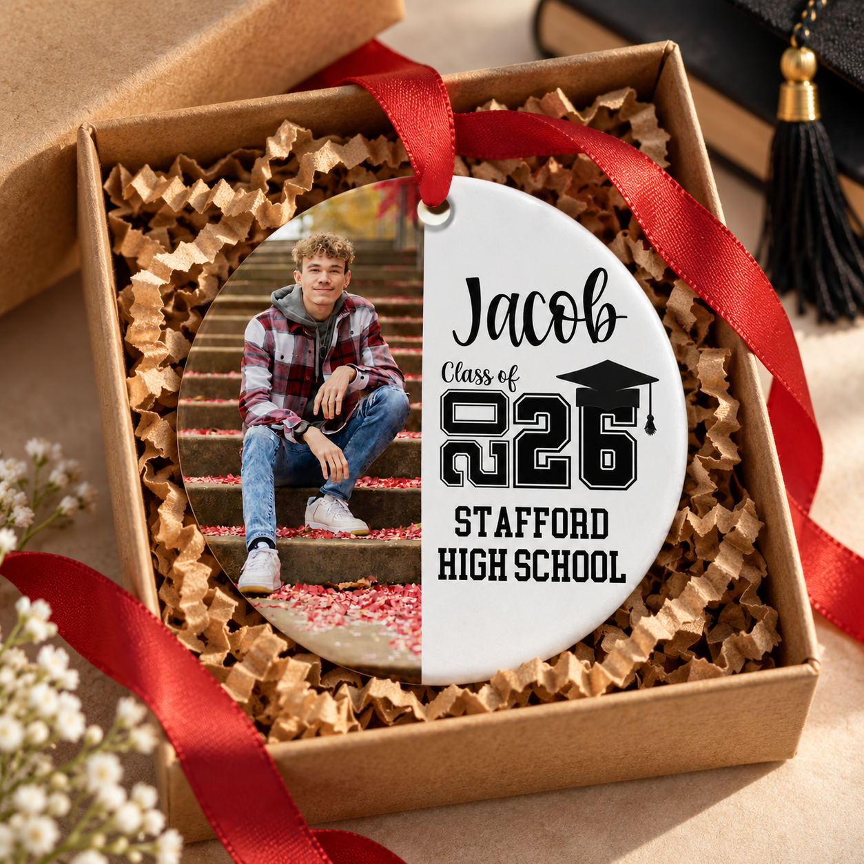 Custom photo senior keepsake ceramic ornament in a kraft gift box with tissue paper and ribbon