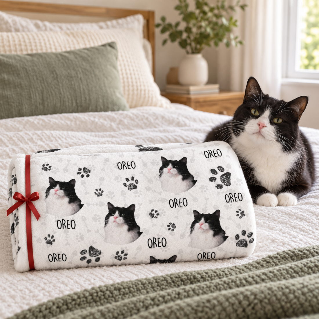 Custom pet photo blanket with cat faces and name Oreo folded as a gift beside a tuxedo cat