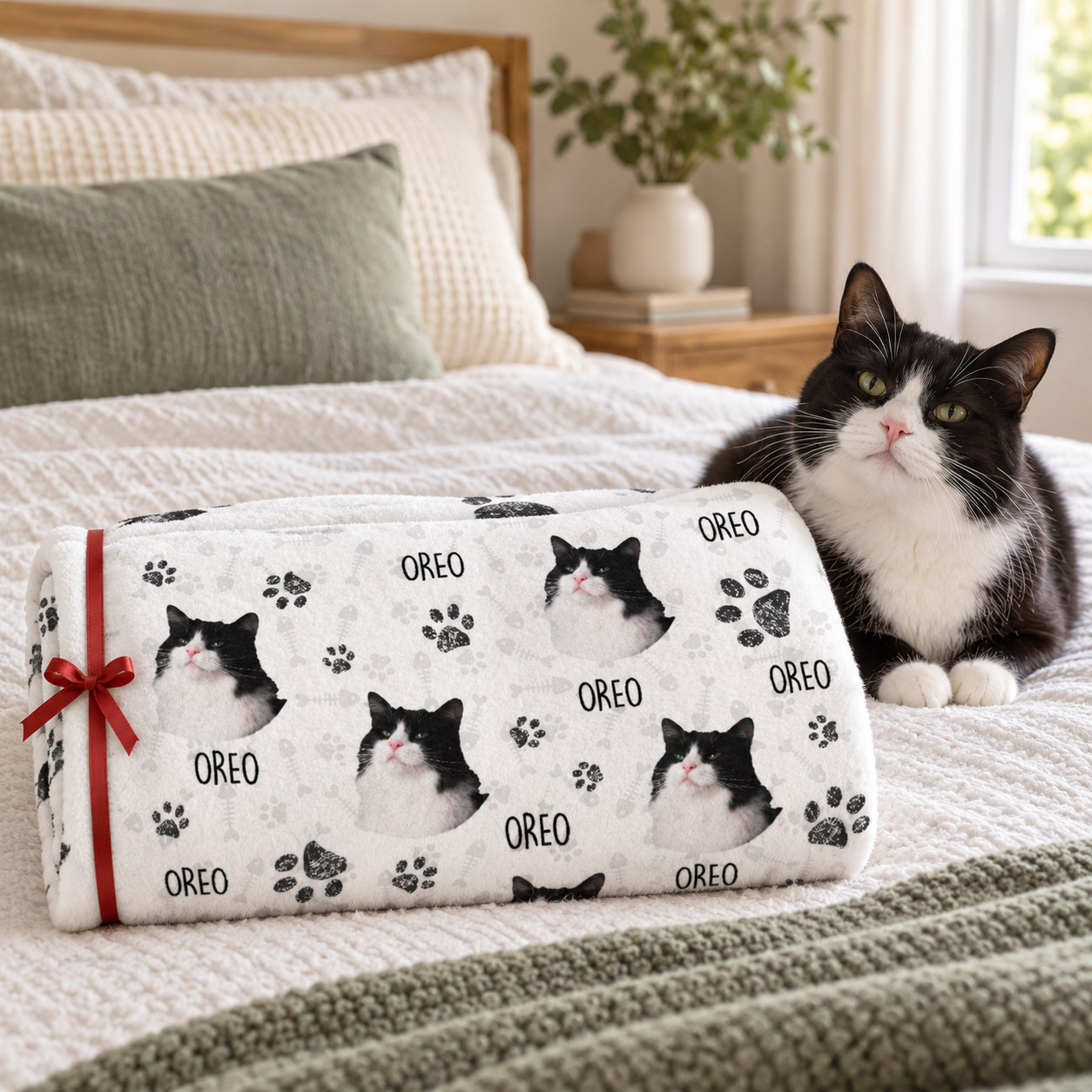 Custom pet photo blanket with cat faces and name Oreo folded as a gift beside a tuxedo cat