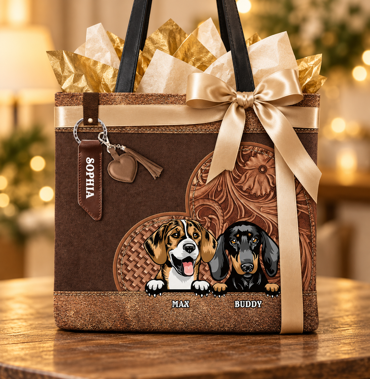 Personalized pet tote bag with ribbon as a gift for dog moms