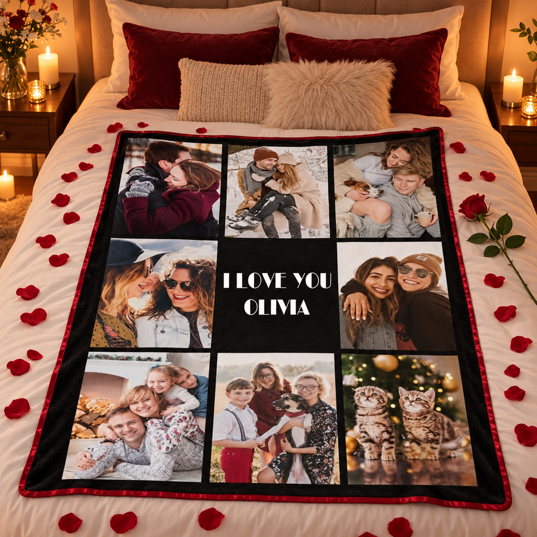 Custom couple photo collage blanket as an anniversary gift on a bed with rose petals and a red rose