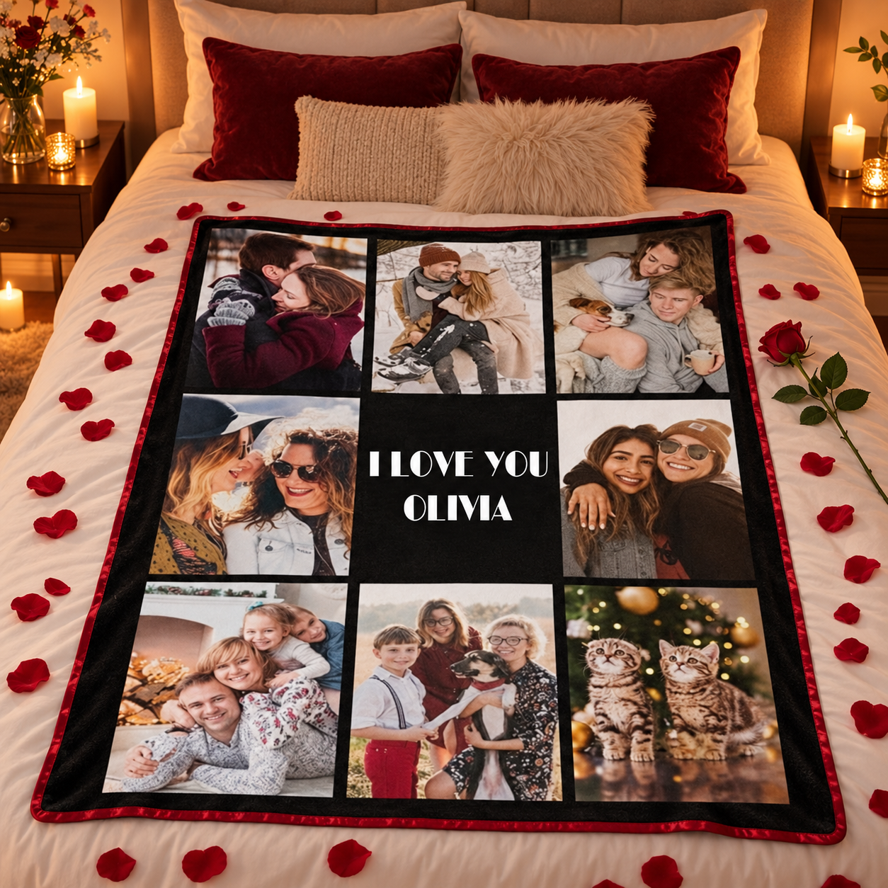 Custom couple photo collage blanket as an anniversary gift on a bed with rose petals and a red rose