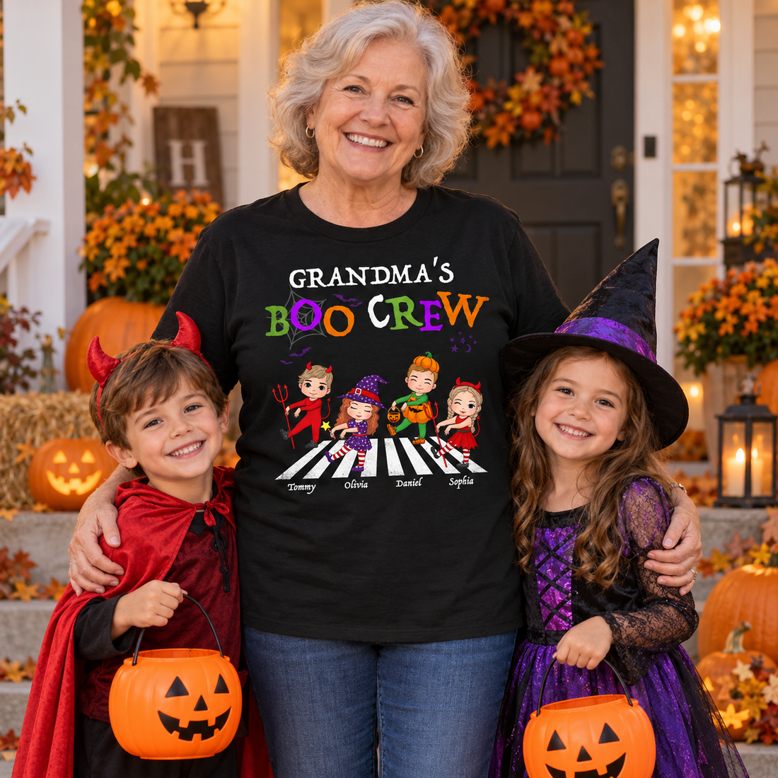 Grandma in a black Grandma's Boo Crew Halloween t-shirt with two grandkids in costumes on a porch