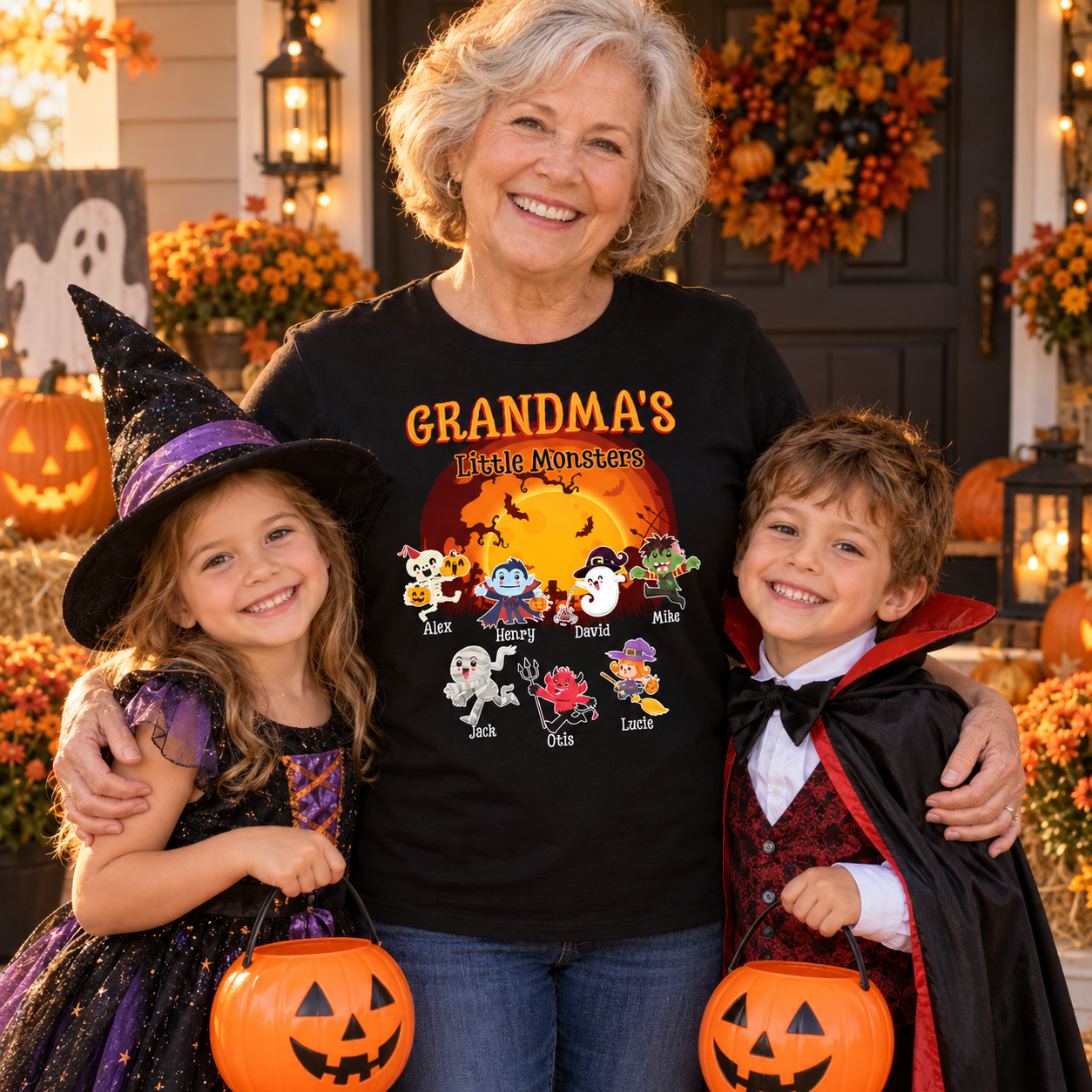 Smiling grandma in a black Grandma's Little Monsters Halloween t-shirt with two grandkids in costumes on a decorated porch