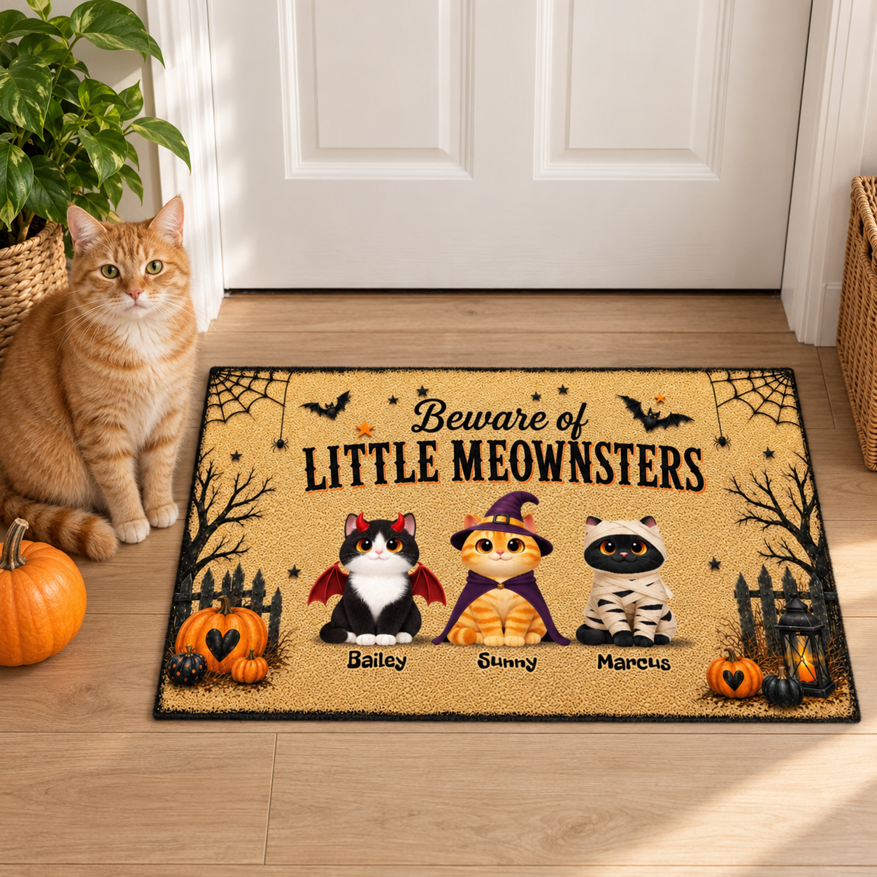 Custom Halloween cat doormat in an entryway with an orange tabby cat sitting beside it and a small pumpkin