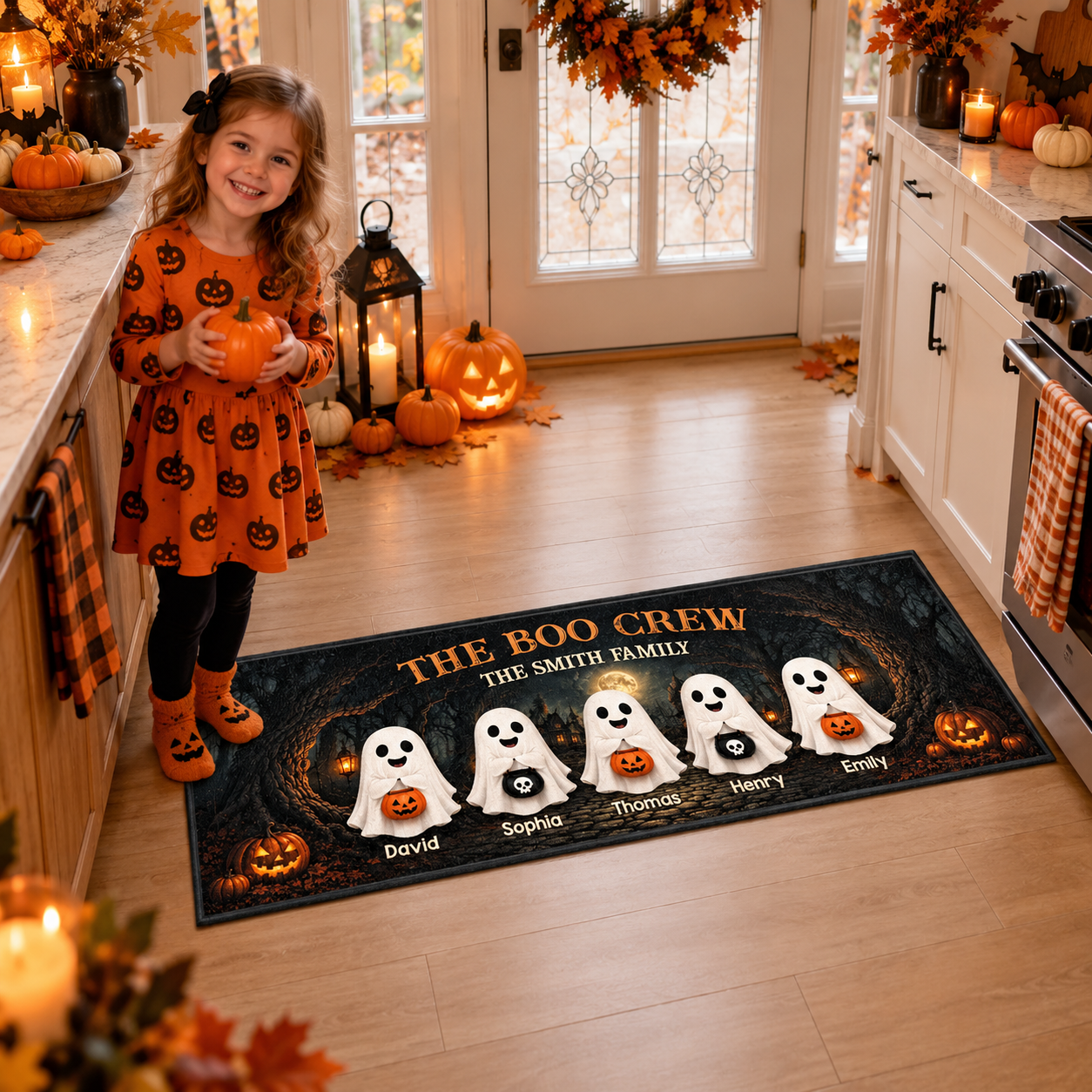 Custom Halloween family runner rug in a kitchen with a child holding a pumpkin