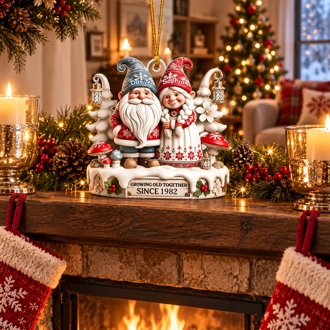 Personalized gnome couple wood ornament on a fireplace mantel with red stockings and candles
