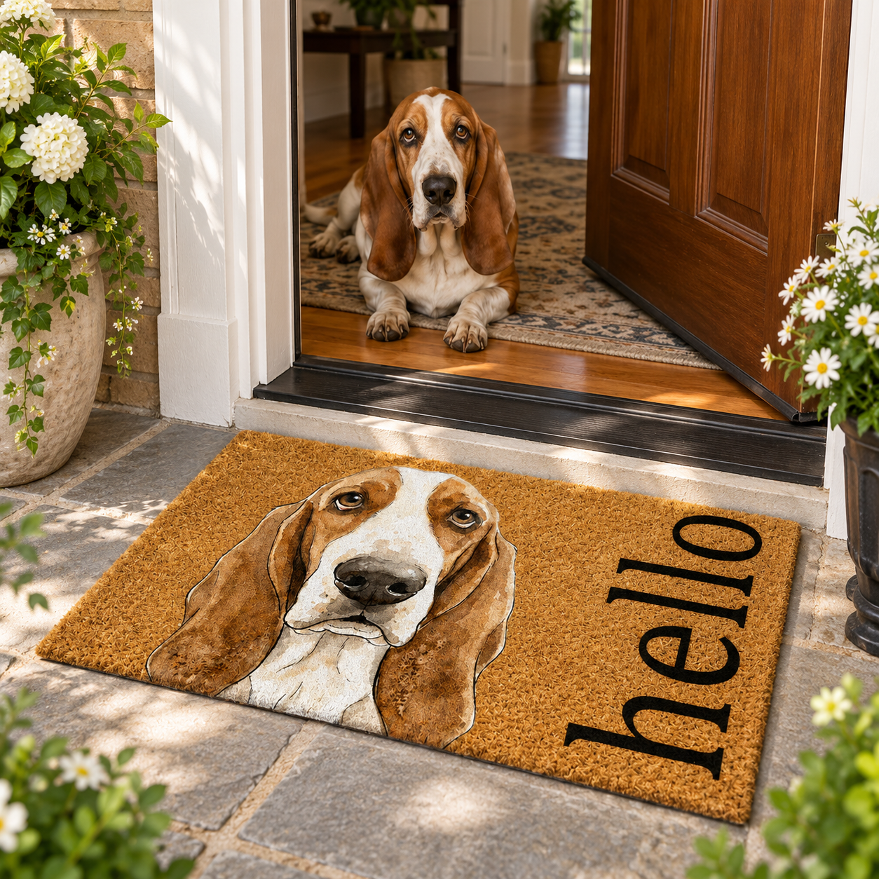 Custom pet sketch Hello doormat on a front porch with a real dog and potted plants