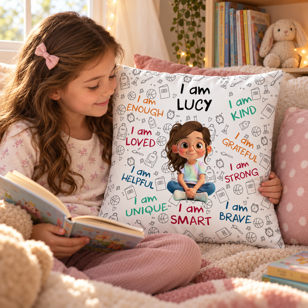 Girl reading in a cozy nook hugging a personalized I Am Lucy affirmation pillow with a cartoon girl