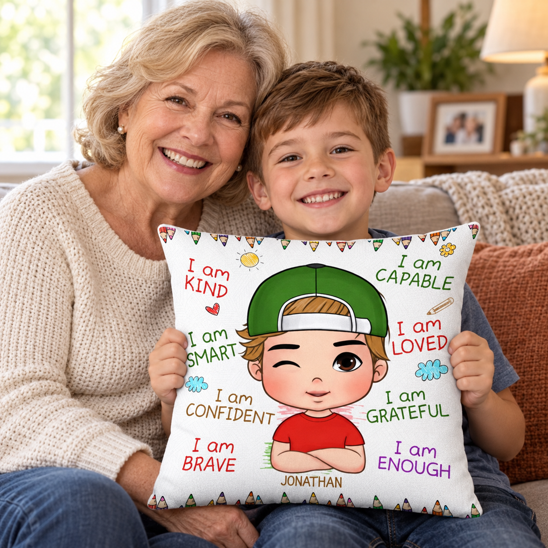 Grandmother and grandson on a sofa holding a personalized I Am Kind Smart Loved pillow