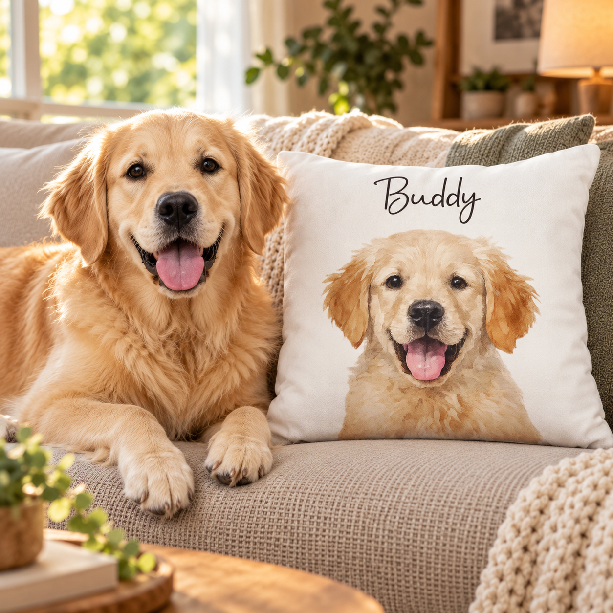 Custom watercolor pet pillow on a sofa beside a real dog in a cozy living room