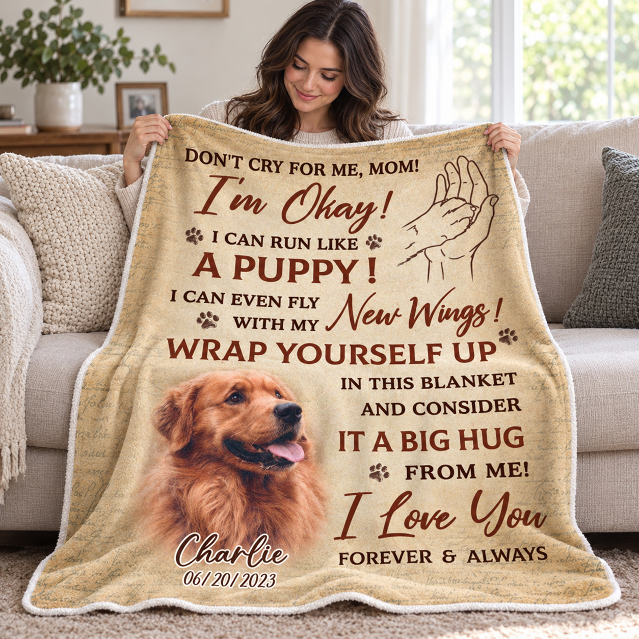 Woman holding up a Don't Cry For Me I'm Okay pet memorial blanket with her dog's photo and name Charlie