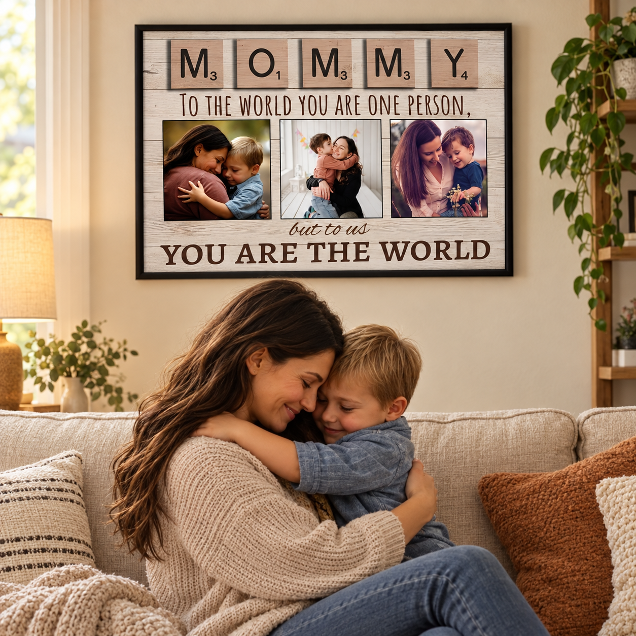 Personalized Mommy Scrabble tile photo poster above a sofa where a mom hugs her young son