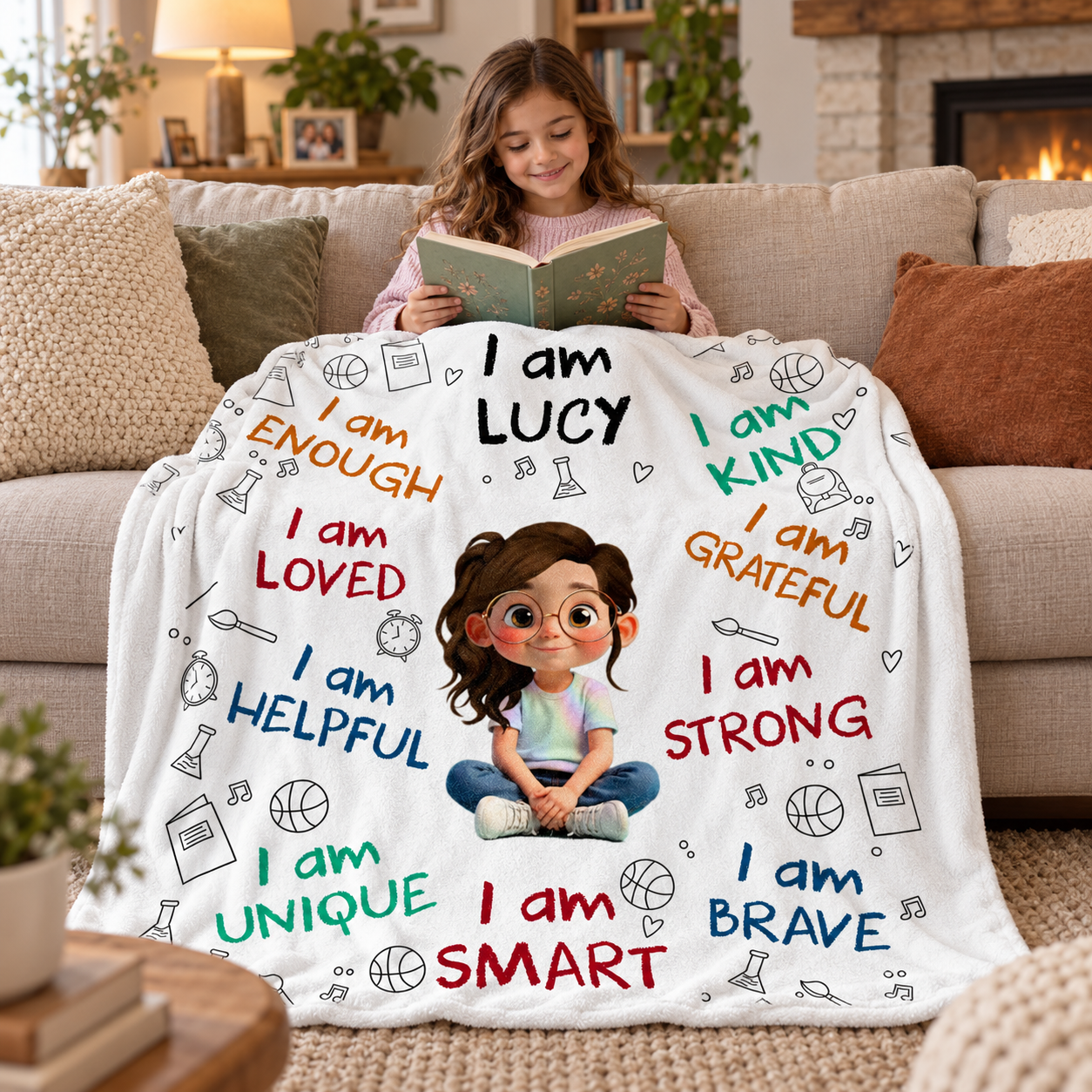 Girl reading on a sofa under a personalized I Am Lucy affirmation blanket with a cartoon girl and school doodles