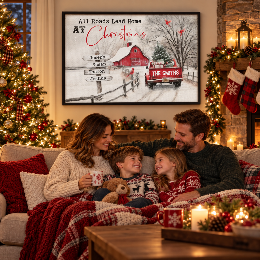 Personalized All Roads Lead Home At Christmas red truck poster above a sofa with a family by a tree