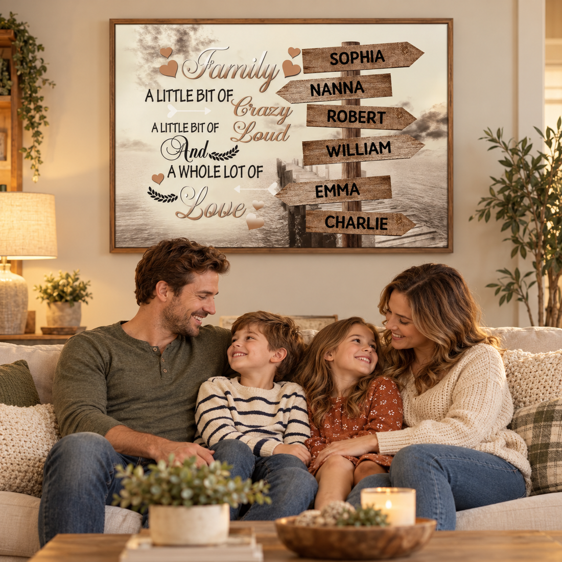 Personalized family names signpost poster above a living room sofa with a smiling family of four