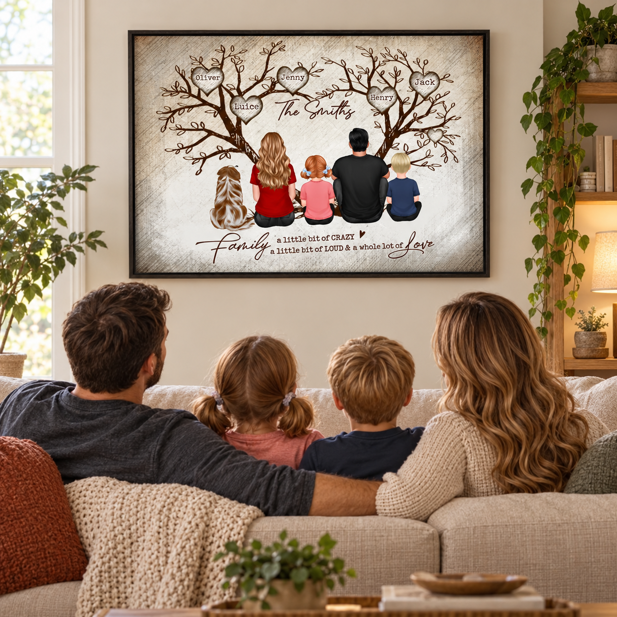 Personalized family tree poster The Smiths above a living room sofa with a family of four