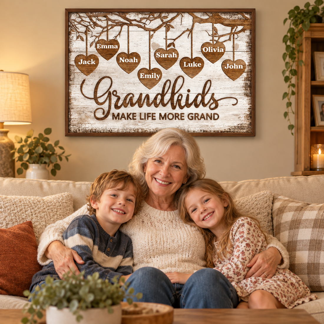 Personalized Grandkids Make Life More Grand heart tree poster above a sofa with a smiling grandma and two grandkids