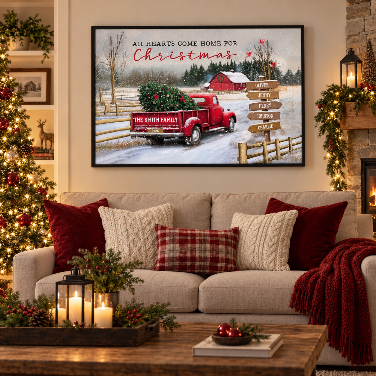 All Hearts Come Home For Christmas red truck canvas print above a living room sofa