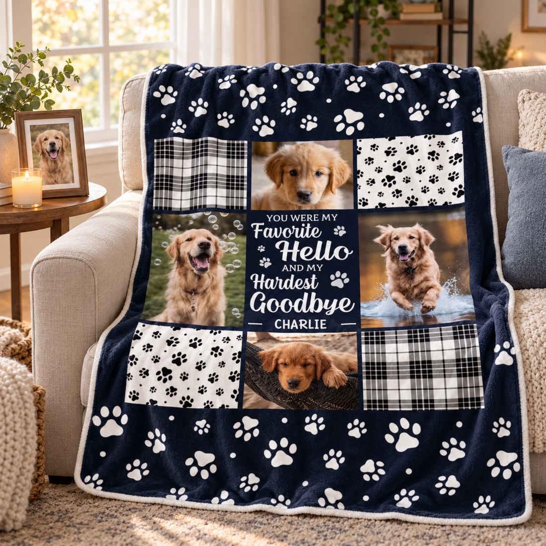 Custom pet memorial blanket draped over a sofa beside a framed pet photo and candle