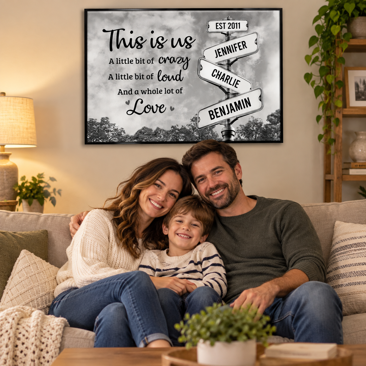 Personalized This Is Us black and white family signpost poster above a sofa with a smiling family of three