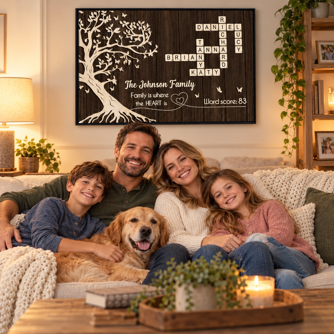 Personalized family crossword tree of life poster The Johnson Family above a sofa with a smiling family and dog