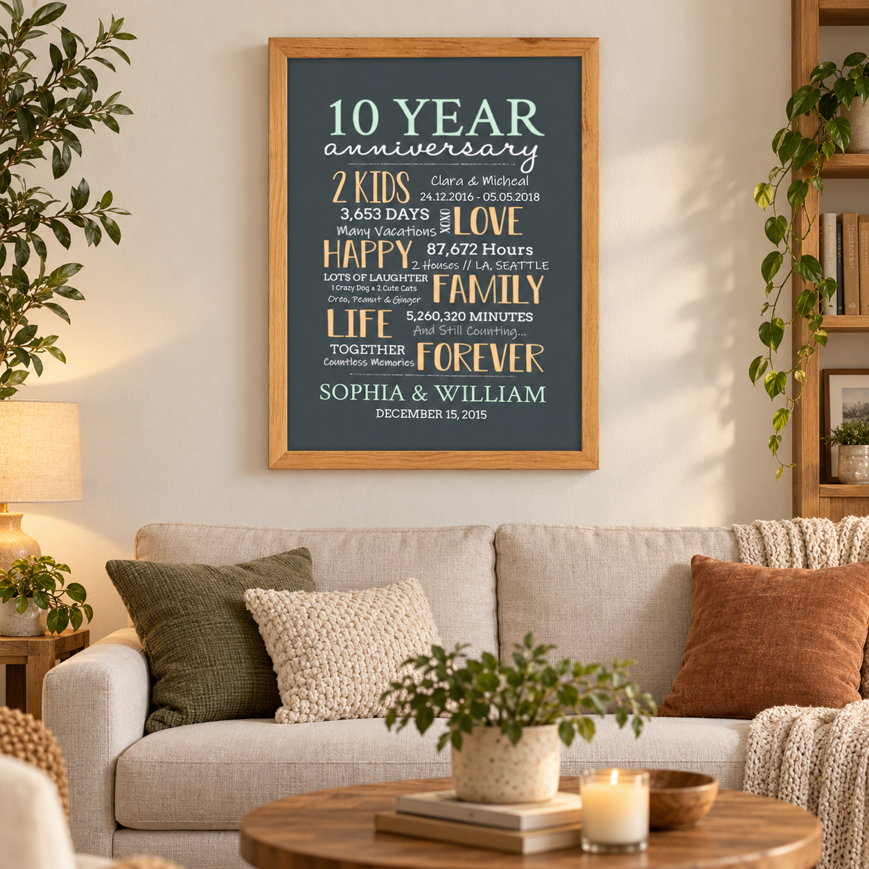 Personalized 10 year anniversary couple poster above a living room sofa