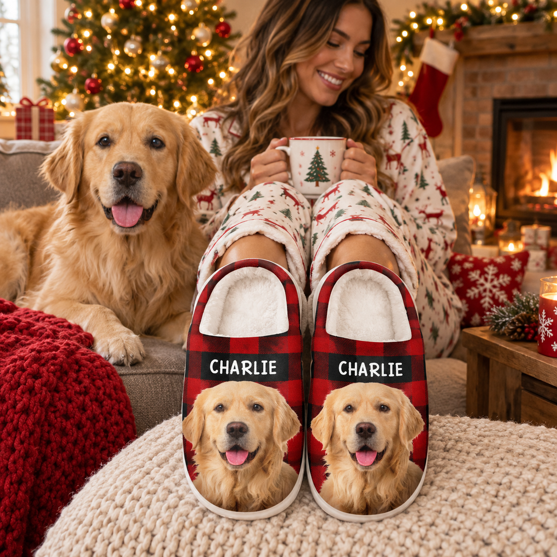 Happiness Is a Warm Puppy dog slippers on a sofa beside a real golden retriever