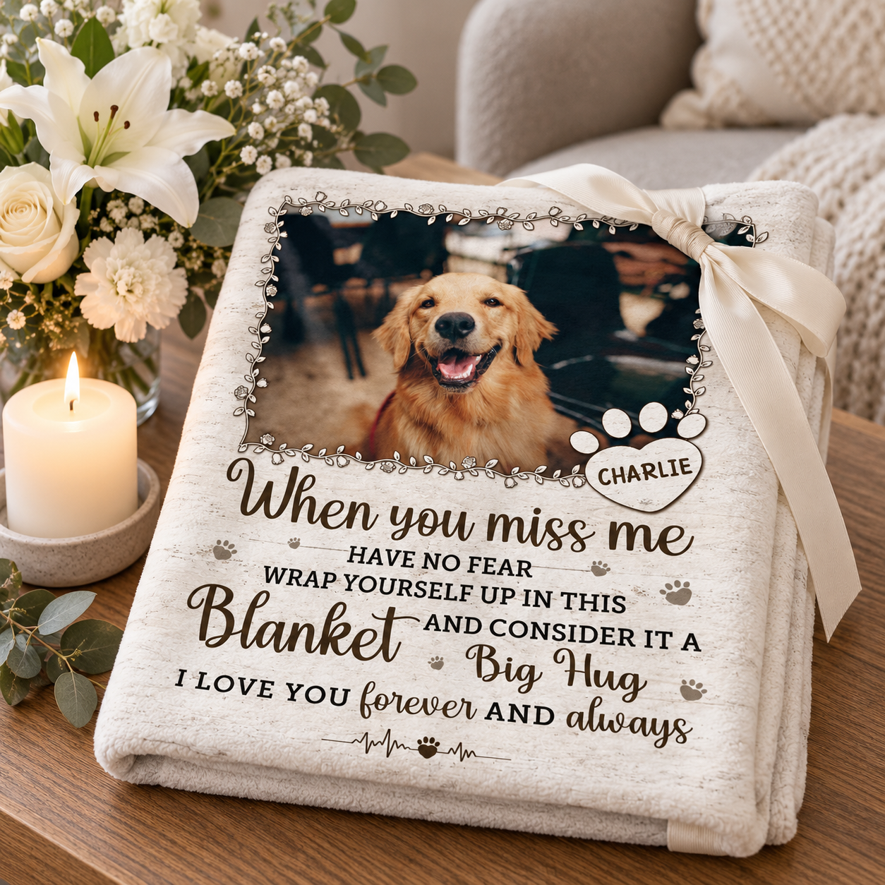 Folded pet memorial blanket as a sympathy gift with ribbon, white flowers and a candle