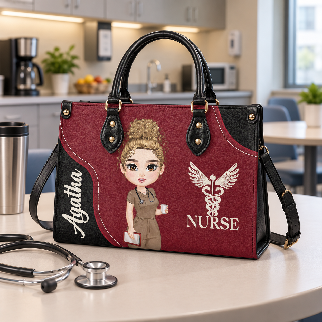 Personalized burgundy leather nurse handbag with name Agatha on a break room table beside a stethoscope