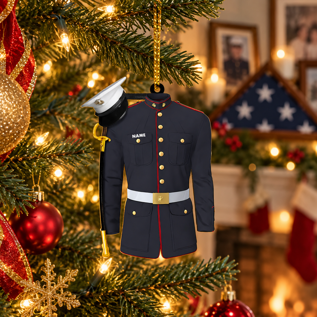 Personalized Marine dress blue uniform ornament hanging on a Christmas tree with a folded flag behind