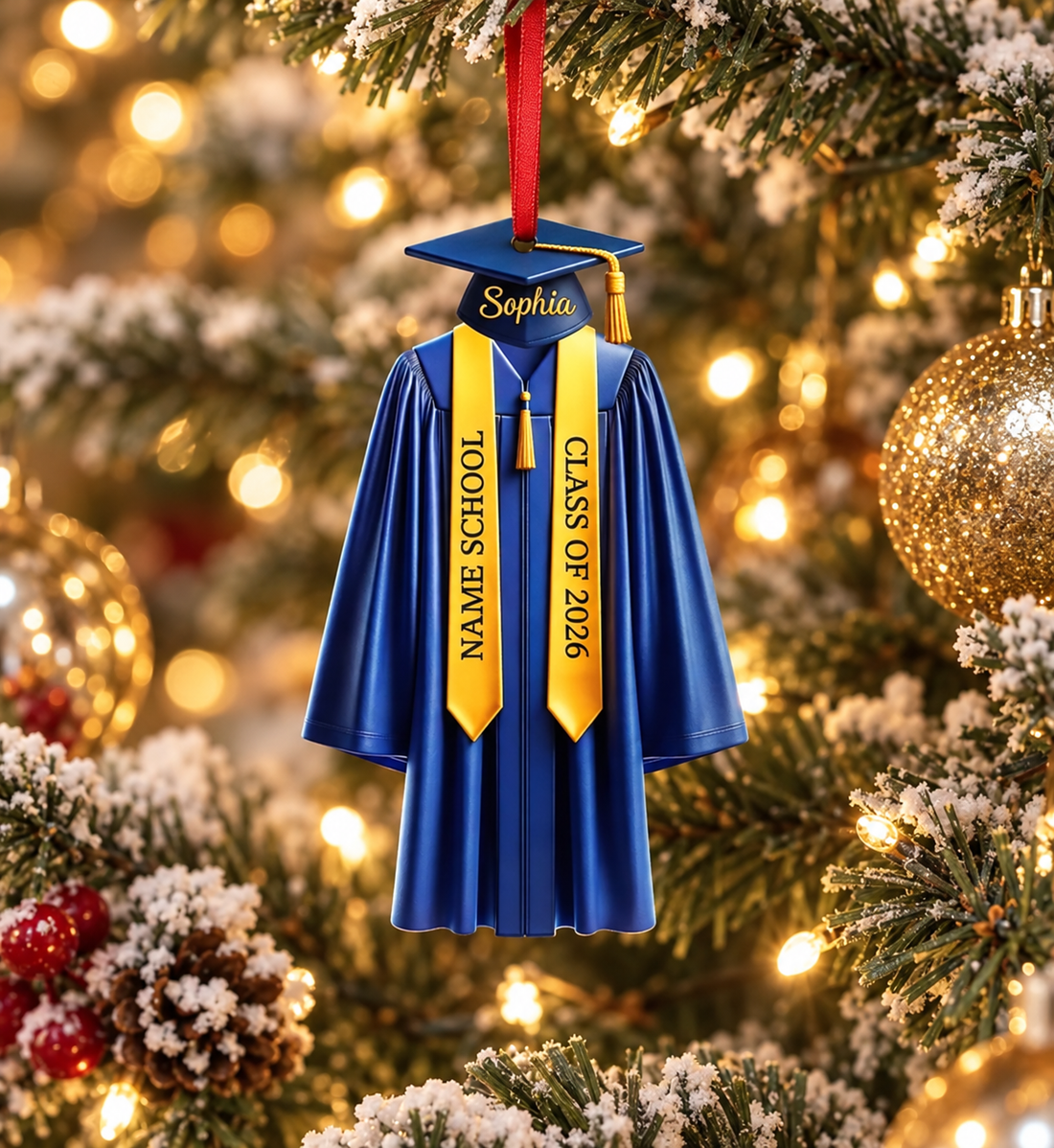 Personalized graduation gown acrylic ornament with name Sophia hanging on a lit Christmas tree